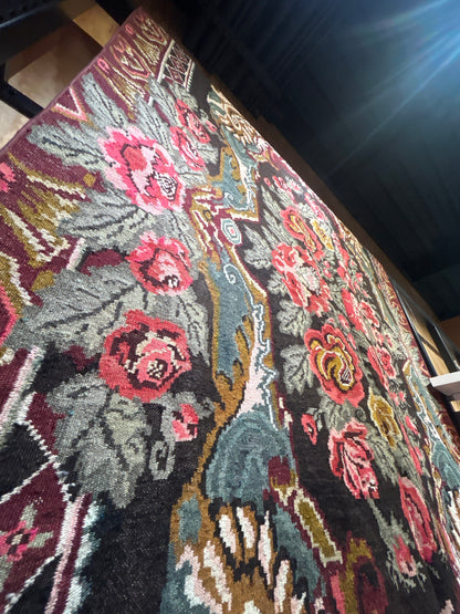 No.1 Vintage Balkan Floral Kilim – 6.10x11.4 ft | Handwoven Wool Rug | Black Ground with Roses | Bulgarian / Romanian Flatweave (c.1970s) -