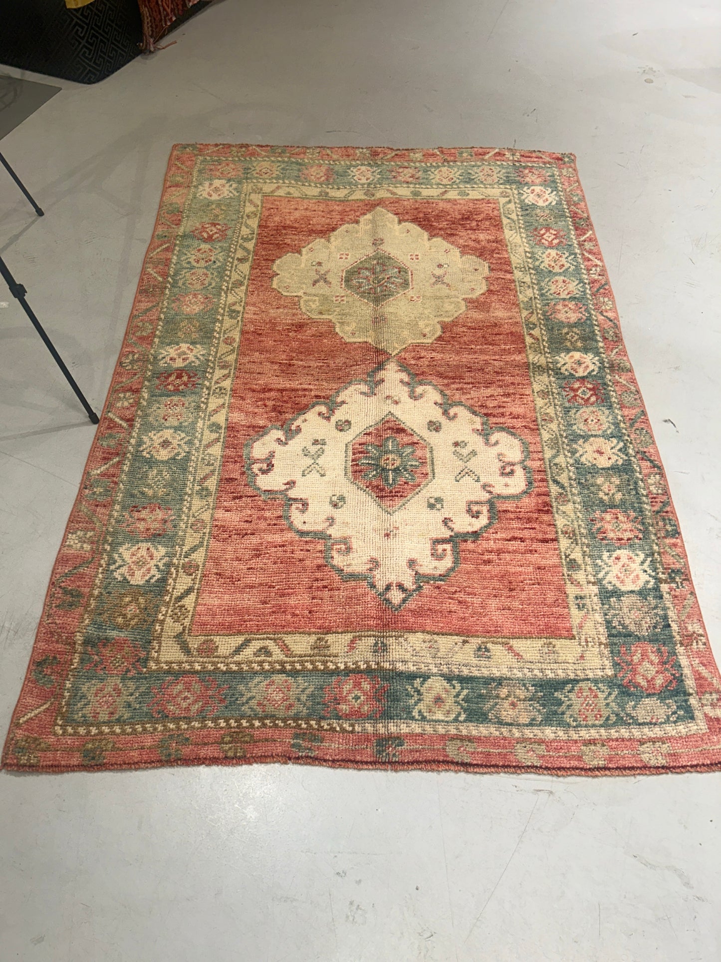 Vintage Turkish Wool on Wool Konya Rug – 3’7”x5’5” Hand-Knotted Anatolian Carpet | Red & Green Tones | Bohemian & Classic Decor - No 11