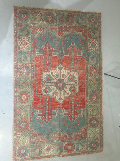 Vintage Turkish Konya Rug – 3’7”x5’8” Hand-Knotted Wool on Wool | Brick Red & Faded Teal | Anatolian Tribal Carpet (1970s) No.9