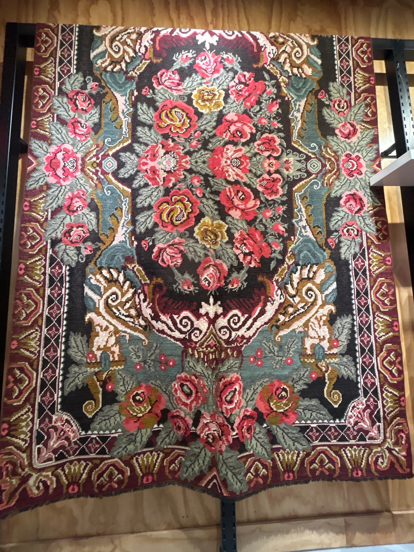 No.1 Vintage Balkan Floral Kilim – 6.10x11.4 ft | Handwoven Wool Rug | Black Ground with Roses | Bulgarian / Romanian Flatweave (c.1970s) -