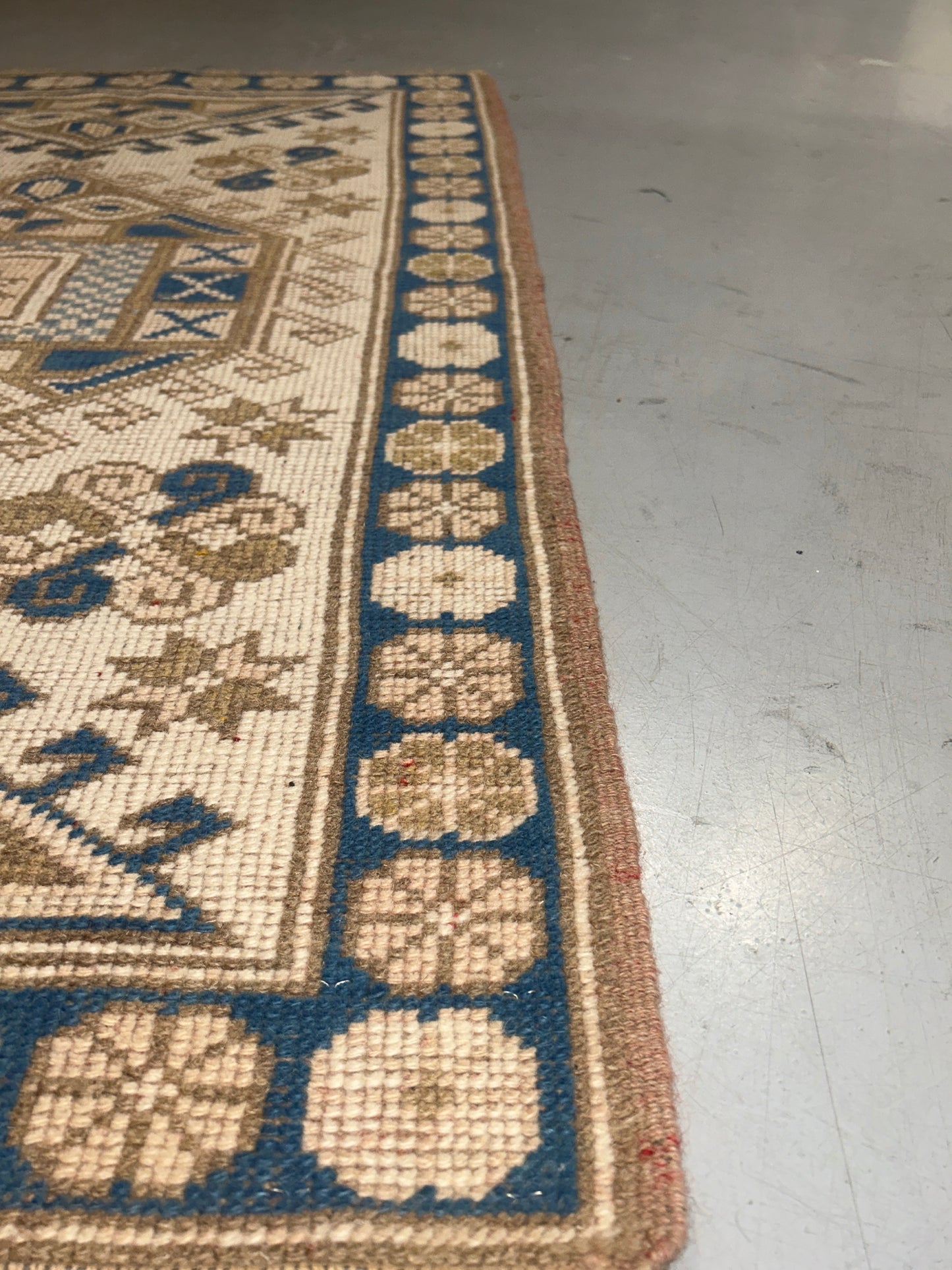 Vintage Turkish Wool on Wool Rug – 2.9x4.1 ft Hand-Knotted Anatolian Carpet | Beige, Blue & Camel Tones | Çanakkale Style - No 16
