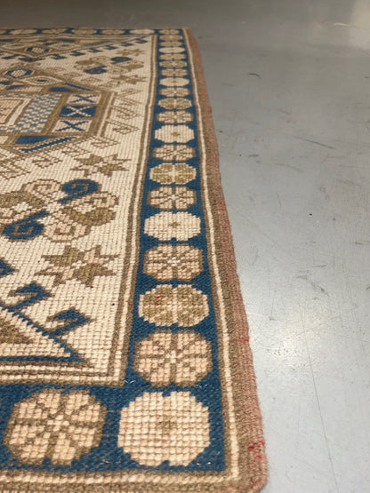Vintage Turkish Wool on Wool Rug – 2.9x4.1 ft Hand-Knotted Anatolian Carpet | Beige, Blue & Camel Tones | Çanakkale Style - No 16