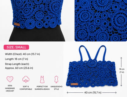 Handmade Royal Blue Irish Crochet Crop Top – Boho Summer Halter Top