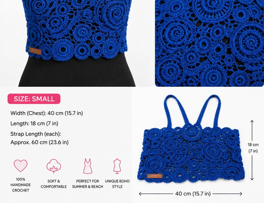 Handmade Royal Blue Irish Crochet Crop Top – Boho Summer Halter Top