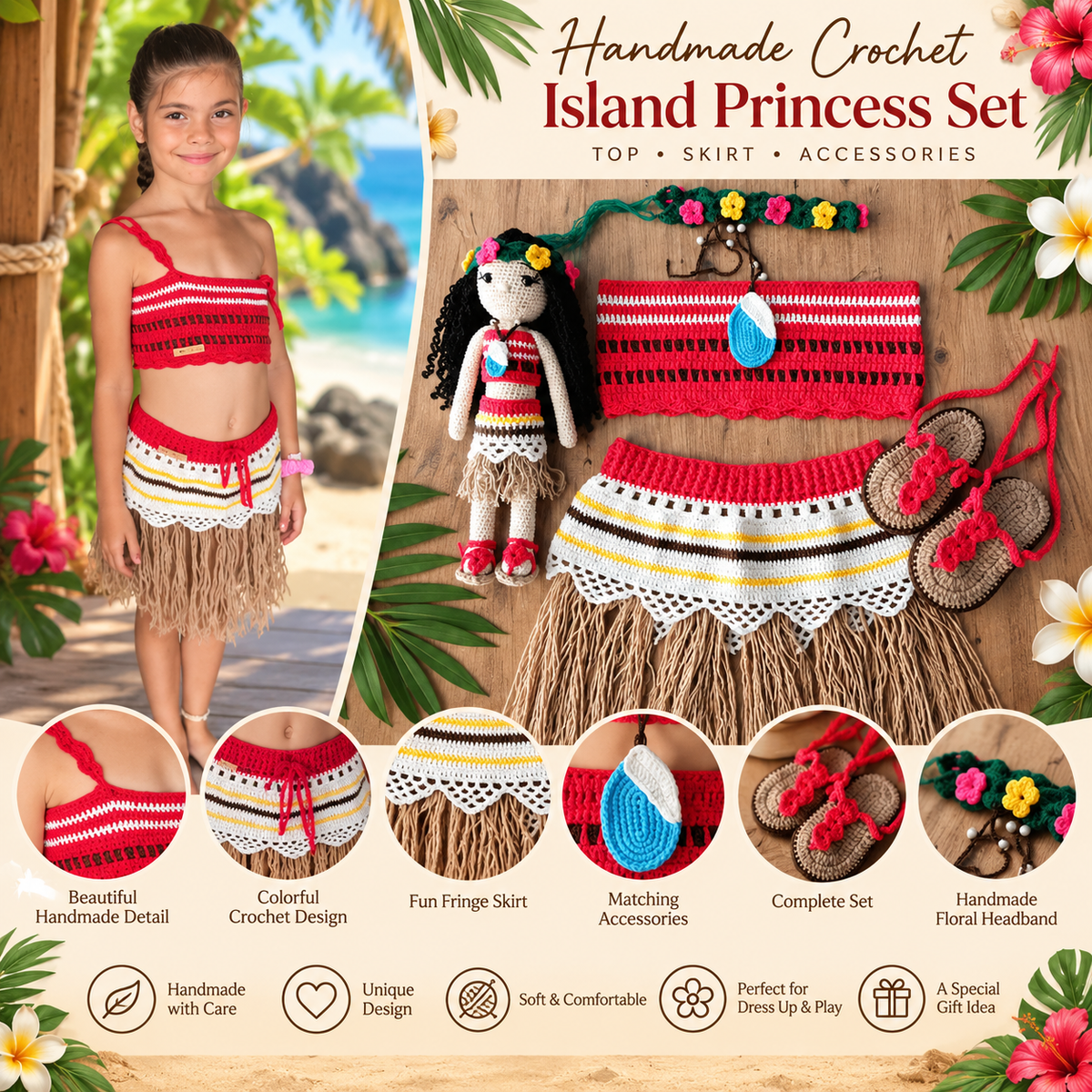 Handmade Crochet Island Princess Costume Set for Kids | 6-Piece Outfit