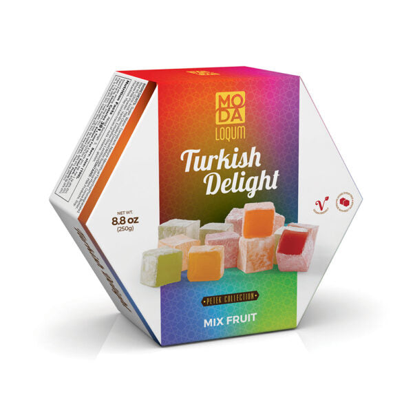 A hexagonal box of Moda Loqumi Turkish Delight Mix Fruit, featuring a vibrant rainbow gradient design and illustrations of various colored Turkish delight cubes, set against a plain white background.