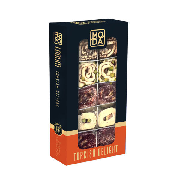 A boxed food product labeled MODA Turkish Delight, shown standing upright on a plain white background. The package is dark navy with an orange lower section and a clear window displaying assorted Turkish delight pieces inside.