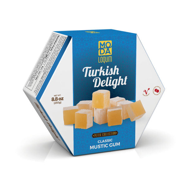 A hexagonal box of Moda Loqum Turkish Delight Classic Mystic Gum, featuring a blue and white design with an illustration of golden-yellow Turkish delight cubes, on a white background.