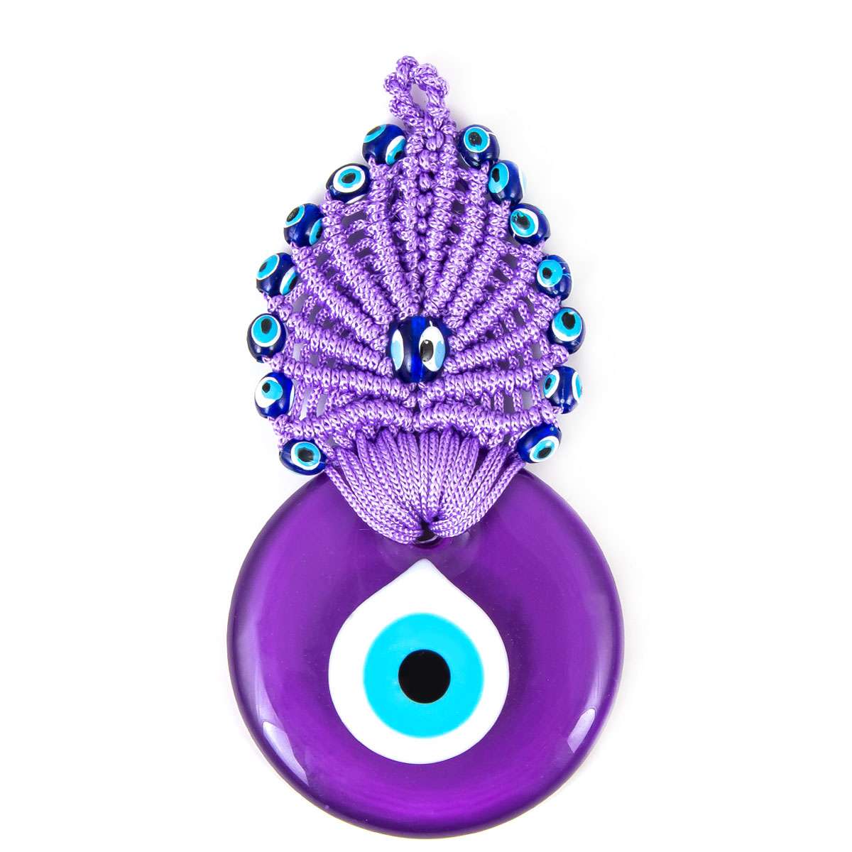 No. 2 – Medium Turkish Evil Eye Wall Hanging  Title: Medium Turkish Evil Eye Wall Hanging – Handmade Peacock Nazar Boncuk Glass Decor