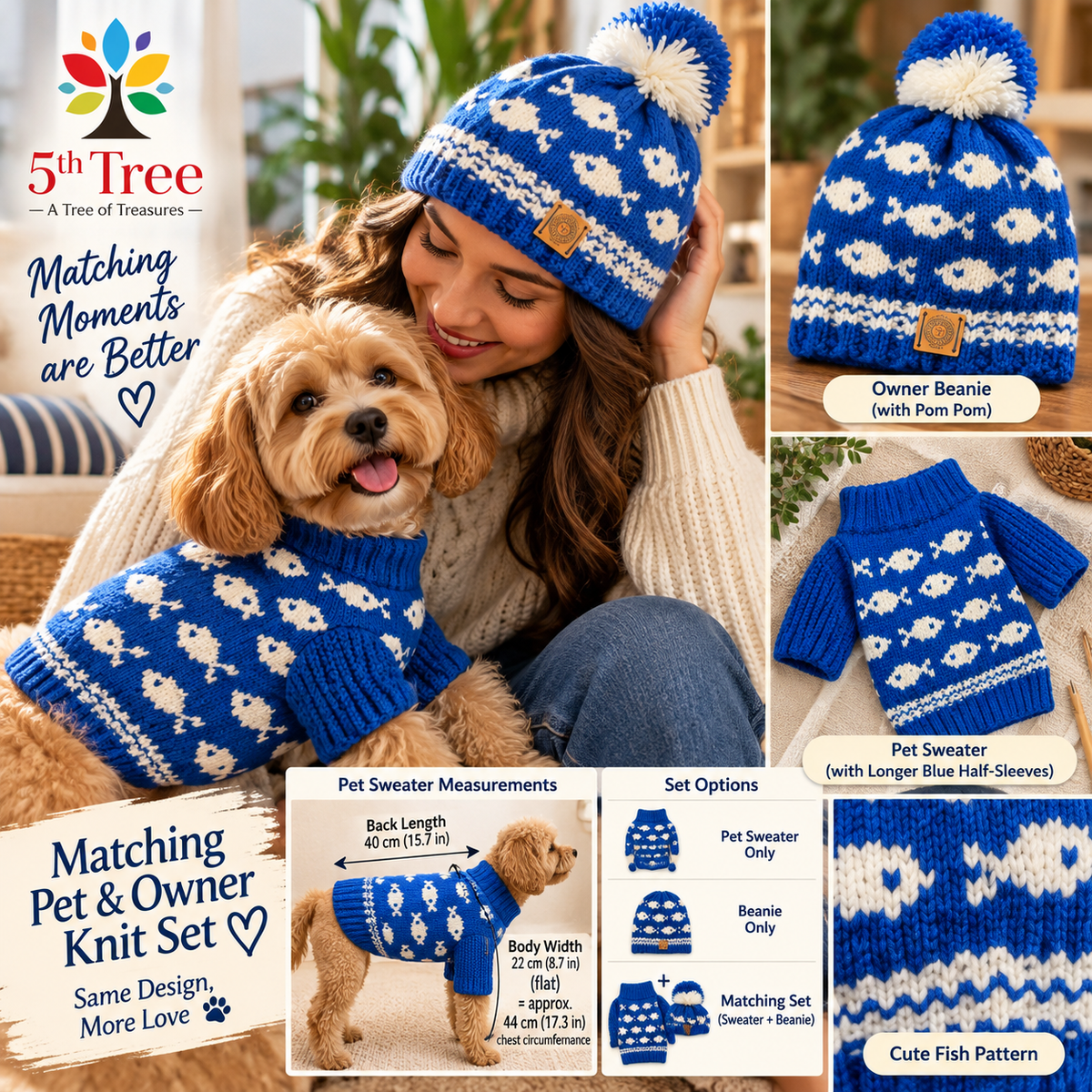 Blue knit pet sweater and matching owner pom pom beanie with white fish motifs, measurements and purchase options.