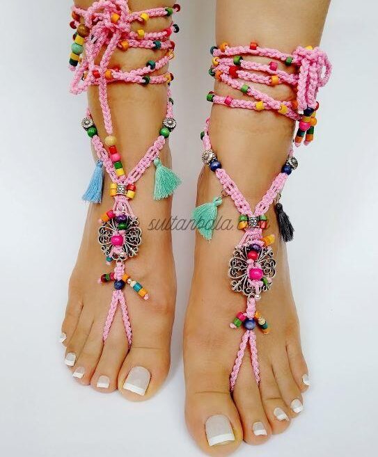 Barefoot Pink Sandals with Wood Beads and Anklets