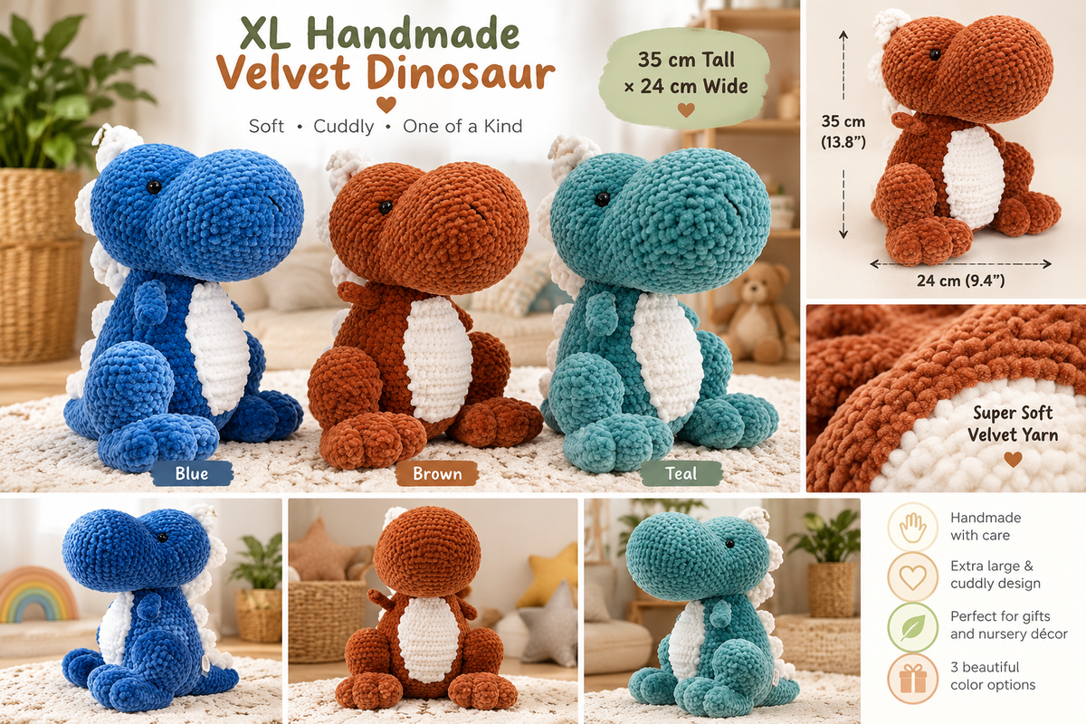Velvet Crochet Dinosaur XL– Handmade Amigurumi Plush Dinosaur