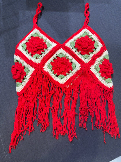 Handmade Crochet 3D Floral Fringe Bustier Top – Boho Festival Crop Top | Mustard, Red & Dusty Pink