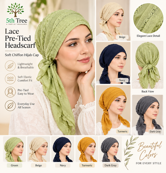 Women’s Lace Pre-Tied Headscarf short – Soft Lightweight Head Wrap