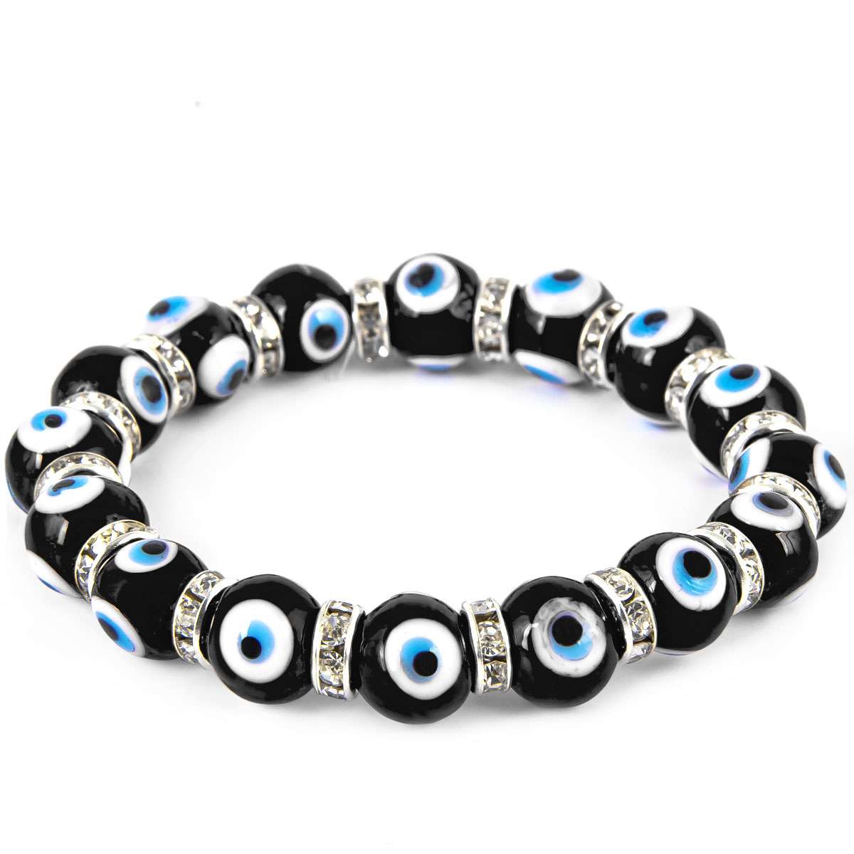 Black Glass Evil Eye Bracelet – 10mm Nazar Beads with Crystal Rhinestone Spacers