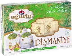 A package of Ugurlu Turkish Floss Halva (Pısmanıye) shown in its green and white retail box, featuring illustrations of the white halva with green pistachio filling.