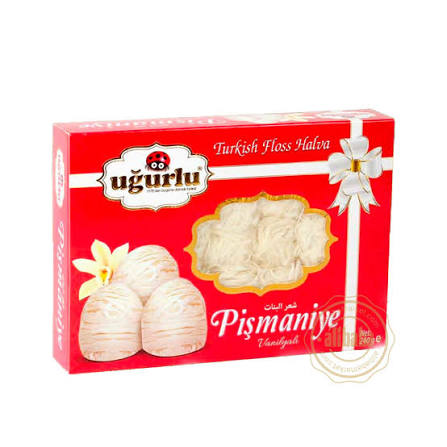 A red box of Turkish Floss Halva, showing three wrapped halva balls and a window displaying the creamy off-white floss halva inside, on a white background.
