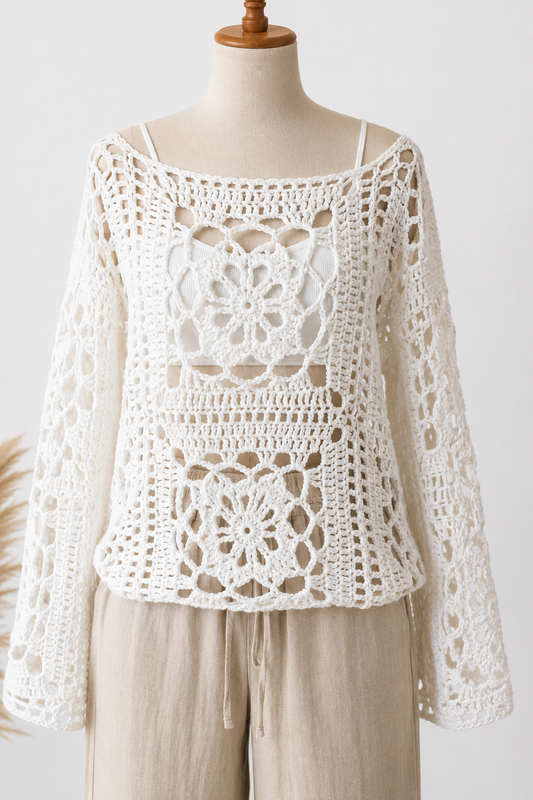 Handmade Granny Square Crochet Sweater – Long Sleeve | White Boho Beach Cover-Up