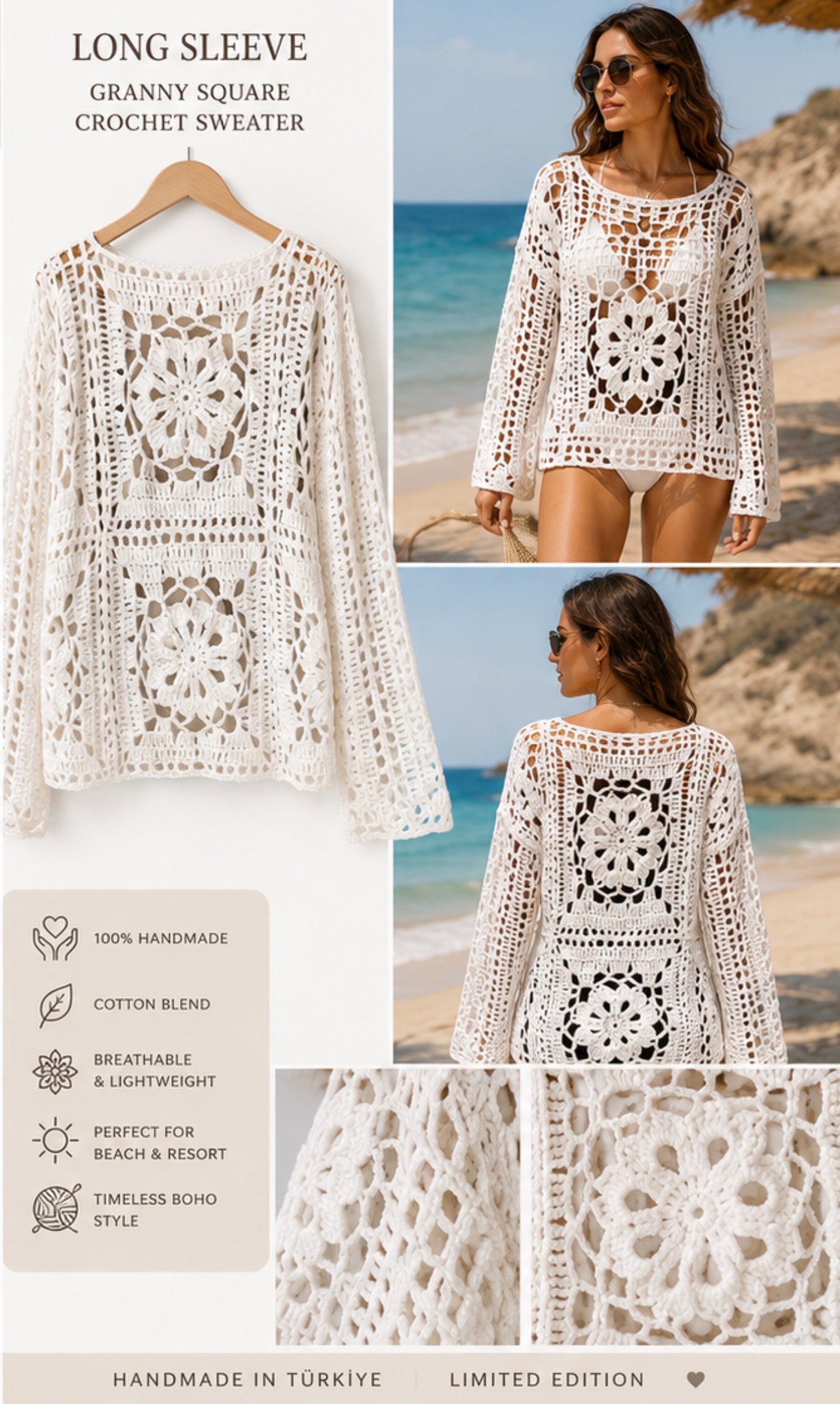 Handmade Granny Square Crochet Sweater – Long Sleeve | White Boho Beach Cover-Up