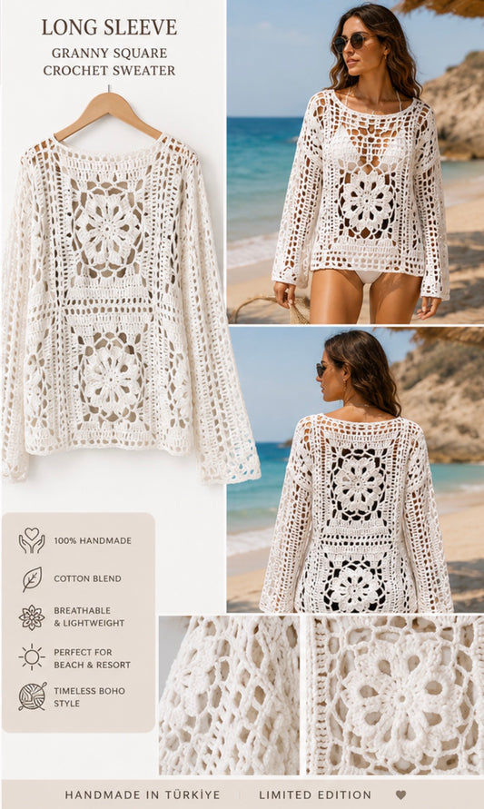 Handmade Granny Square Crochet Sweater – Long Sleeve | White Boho Beach Cover-Up