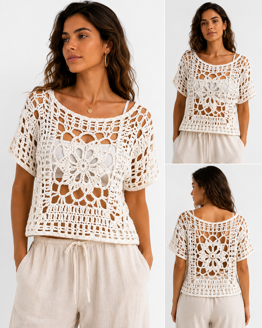 Handmade White Granny Square Crochet Top – Short Sleeve