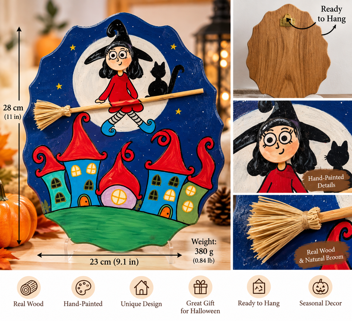 Hand-Painted Wooden Halloween Witch & Black Cat Wall Decor – 11"