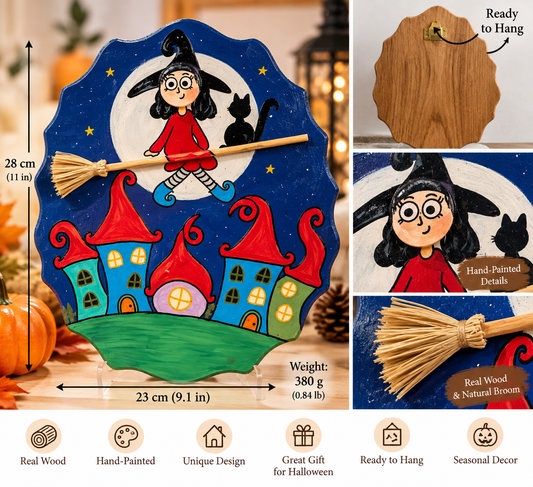Hand-Painted Wooden Halloween Witch & Black Cat Wall Decor – 11"