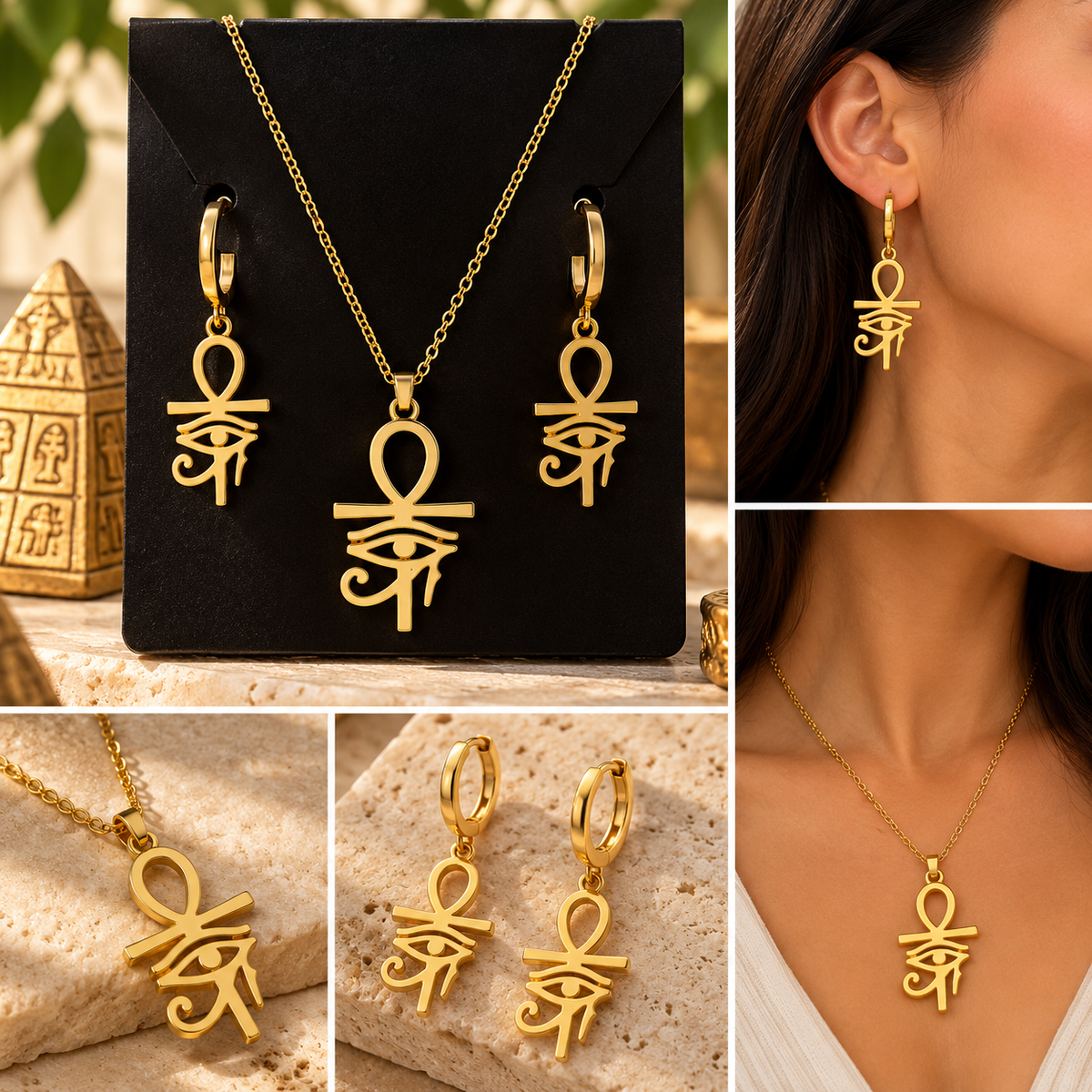 Gold color Ankh & Eye of Horus Earrings & Necklace