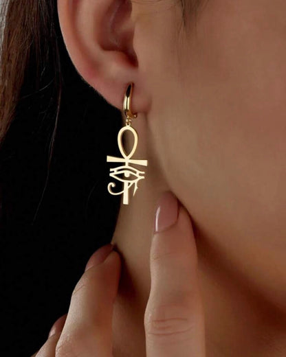 14K Gold Plated Stainless Steel Ankh & Eye of Horus Earrings | Egyptian Protection Jewelry