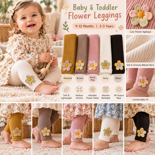 Baby & Toddler Ribbed Flower Leggings – Stretchy Floral Appliqué Pants – 5 Colors