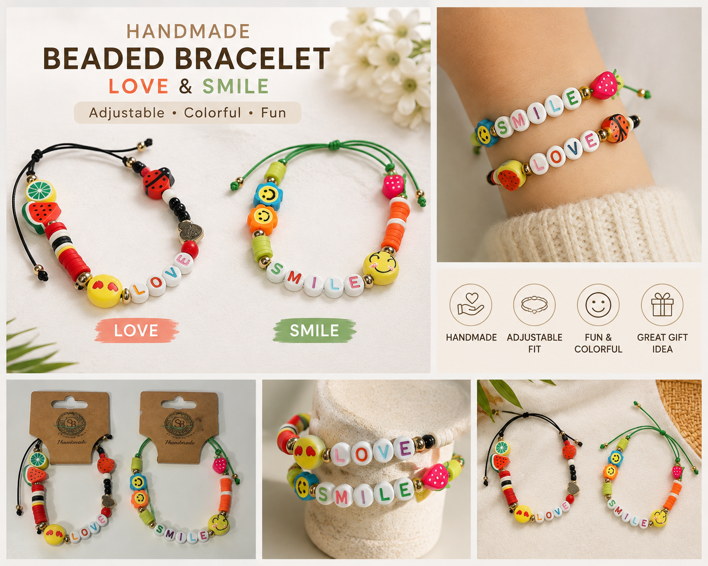 Handmade Happy Beaded Bracelet – LOVE & SMILE Adjustable Designs