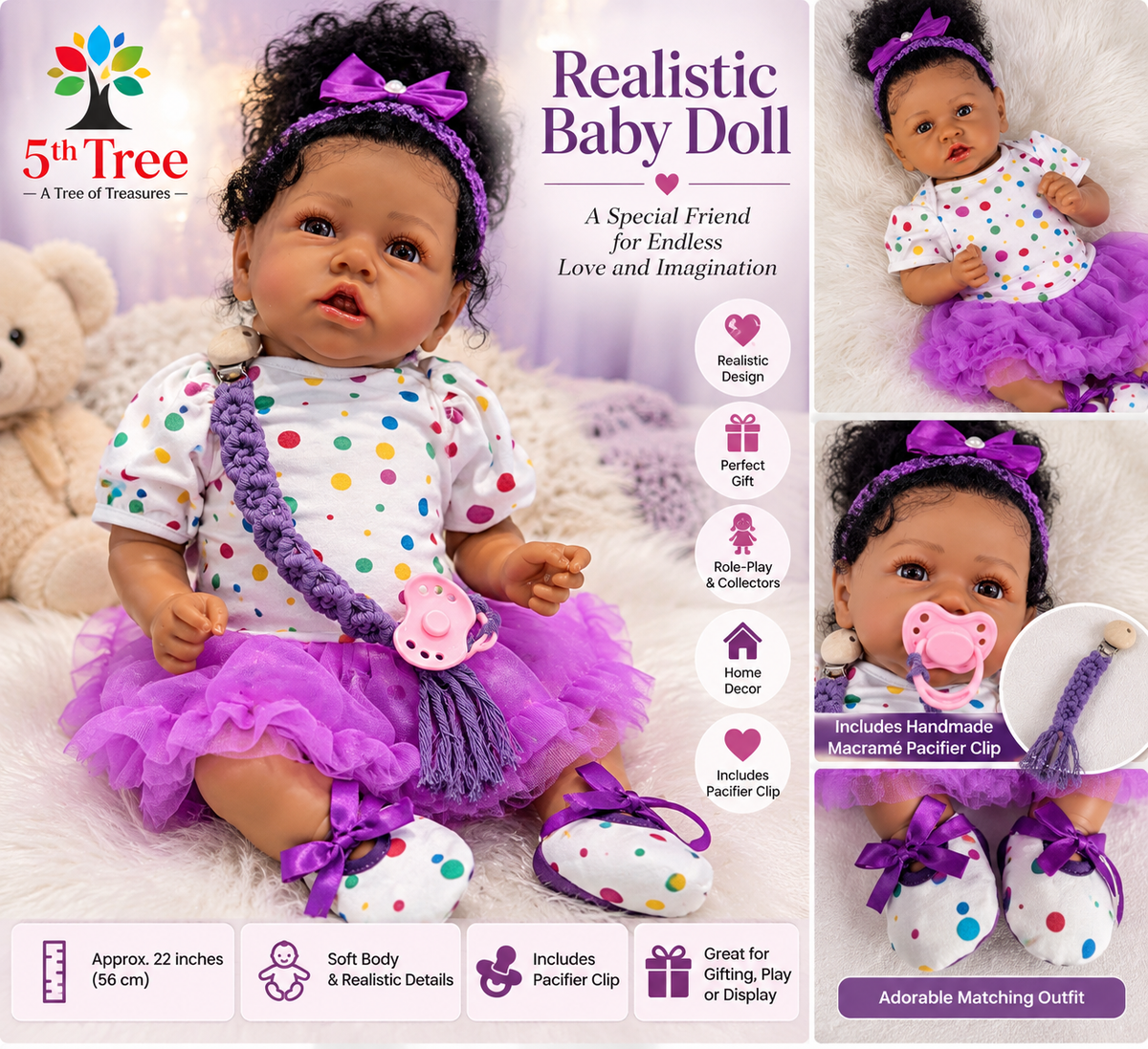 Realistic Black Baby Girl Doll – 22" Soft Body Doll with Purple Outfit & Handmade Macramé Pacifier Clip