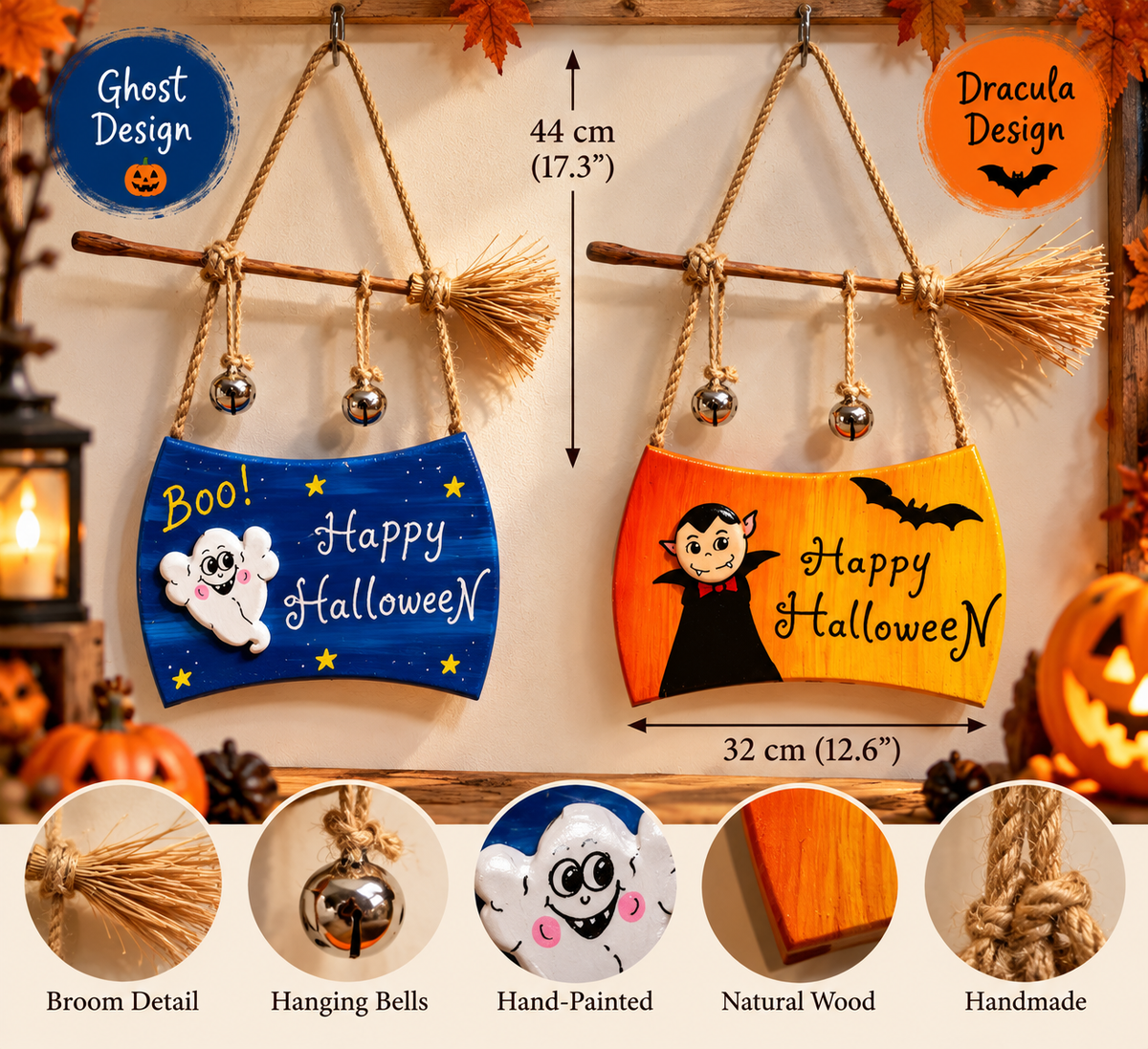 Ghost or Dracula   Wooden Halloween Hanging Décor with Broom & Bells HM