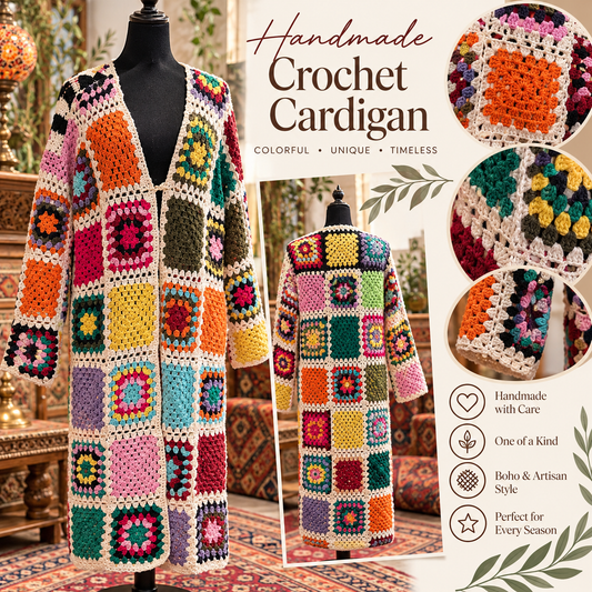 Handmade Multicolor Ivory Granny Square Crochet Long Cardigan | Boho Patchwork Coat