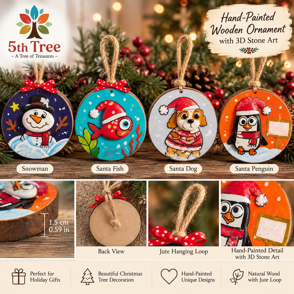 Small wooden Christmas Ornament 4 Designs