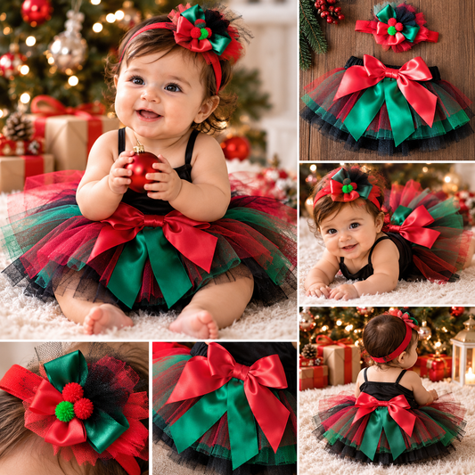 Baby Girl Christmas Tutu & Headband Set – Red Green Black Holiday Outfit