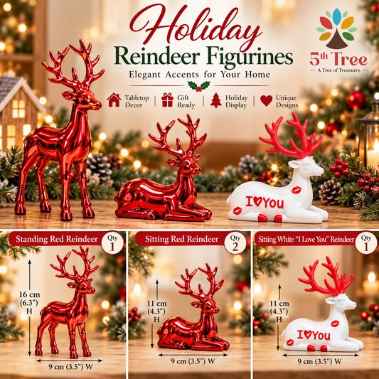 Holiday Reindeer Figurines – Red & White Christmas Deer Tabletop Decor – Multiple Styles