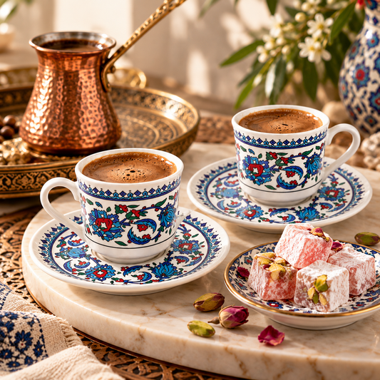 Turkish Coffee Cup Set with Saucer – Iznik Floral, Set of 6