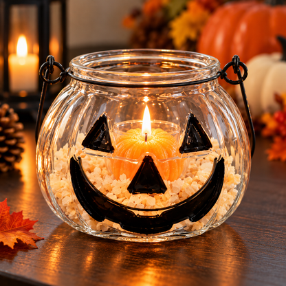 Glass Pumpkin Tealight Holder Set with Pumpkin Candle – Halloween Jack-O’-Lantern Decor