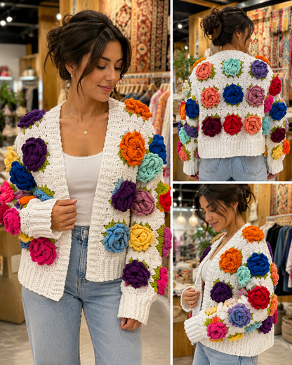 Handmade 3D Floral Crochet Cardigan – White Cotton Knit with Colorful Roses
