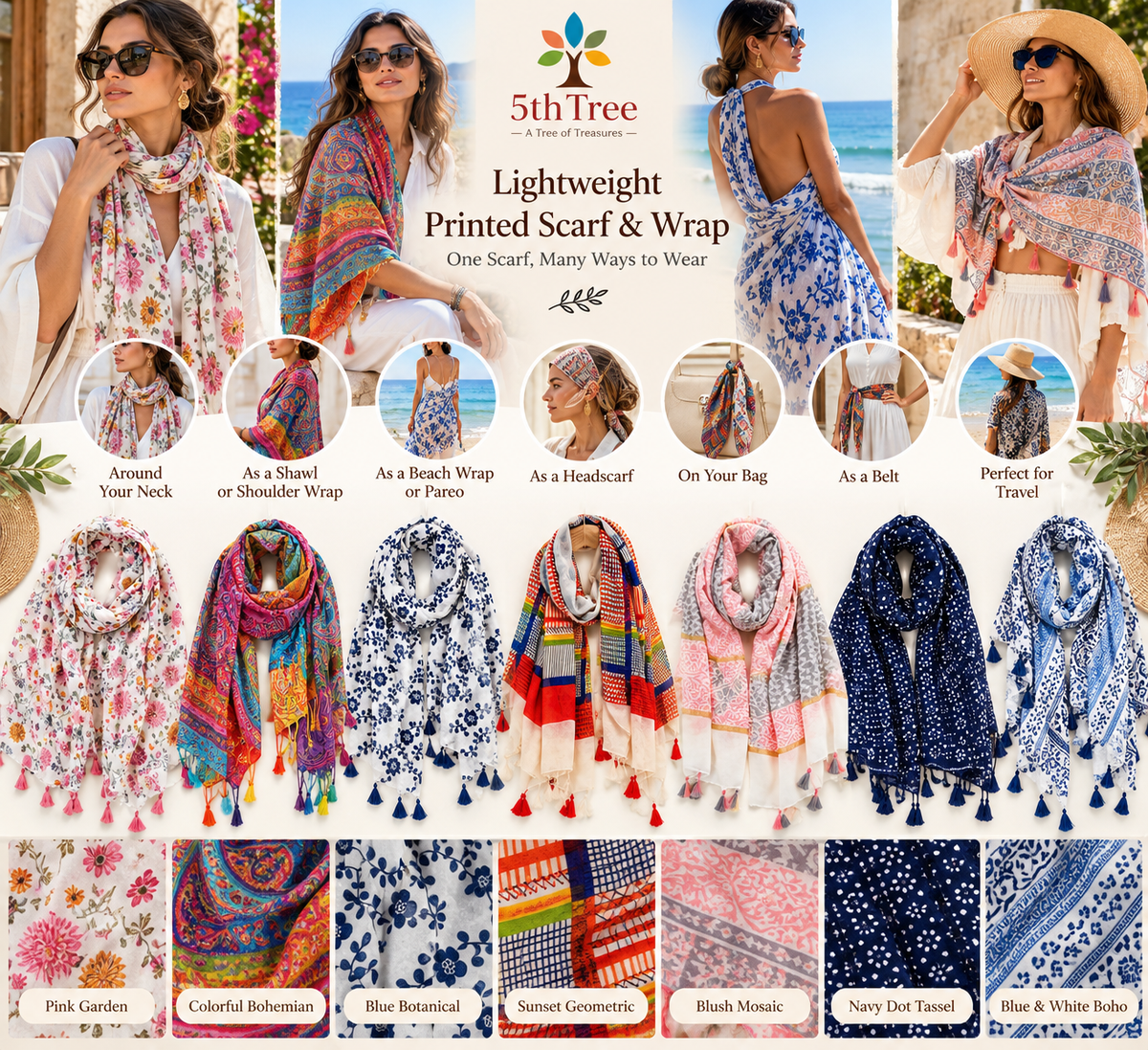 Women's Lightweight Printed Scarf & Wrap – One Scarf, Many Ways to Wear