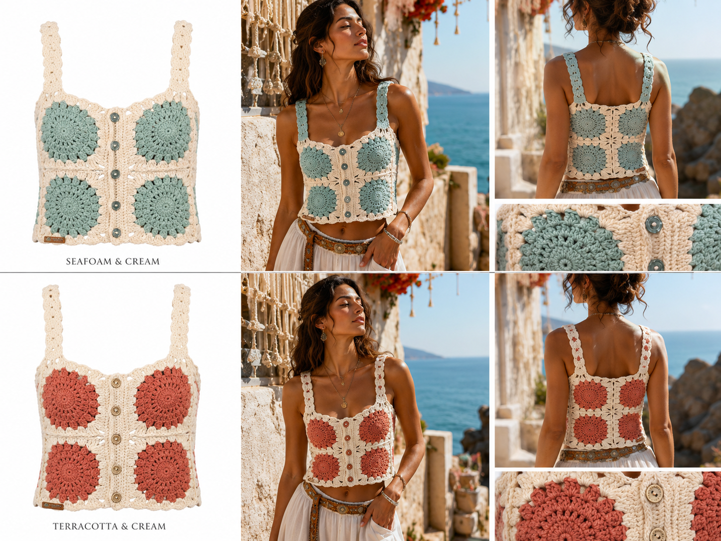 Handmade Crochet Granny Square Button Front Bustier – Boho Cotton Crop Top | Seafoam or Terracotta