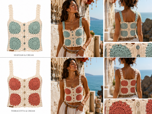 Handmade Crochet Granny Square Button Front Bustier – Boho Cotton Crop Top | Seafoam or Terracotta