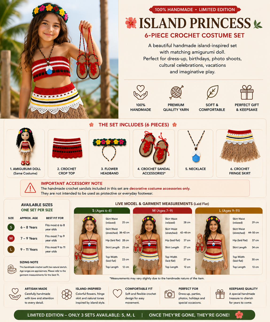 Handmade Crochet Island Princess Costume Set with Amigurumi Doll – 6 Piece Girls Dress Up Outfit