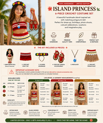 Handmade Crochet Island Princess Costume Set with Amigurumi Doll – 6 Piece Girls Dress Up Outfit