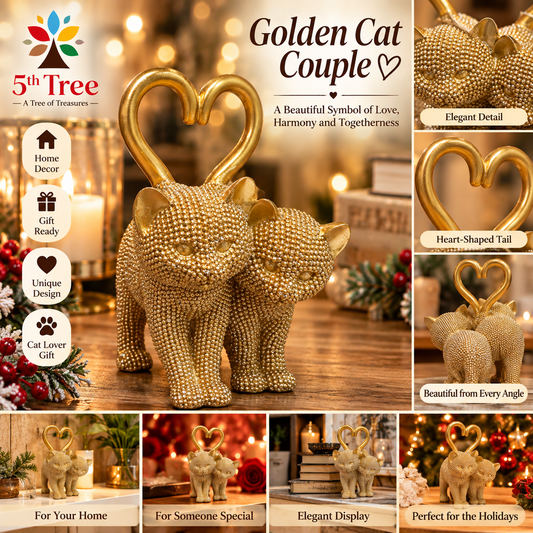 Golden Cat Couple with Heart-Shaped Tail – Love & Home Decor Figurine