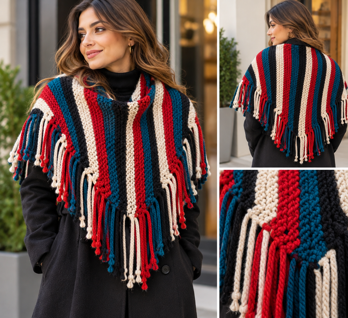 Hand-Knit Oversized Winter Scarf & Shawl – Thick Chunky Striped Wrap with Fringe – 71" x 26"