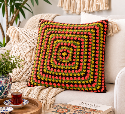 Handmade Crochet Pillow Cover | 38 x 38 cm (15 x 15 in) | Granny Square Cushion Cover | Boho Home Decor