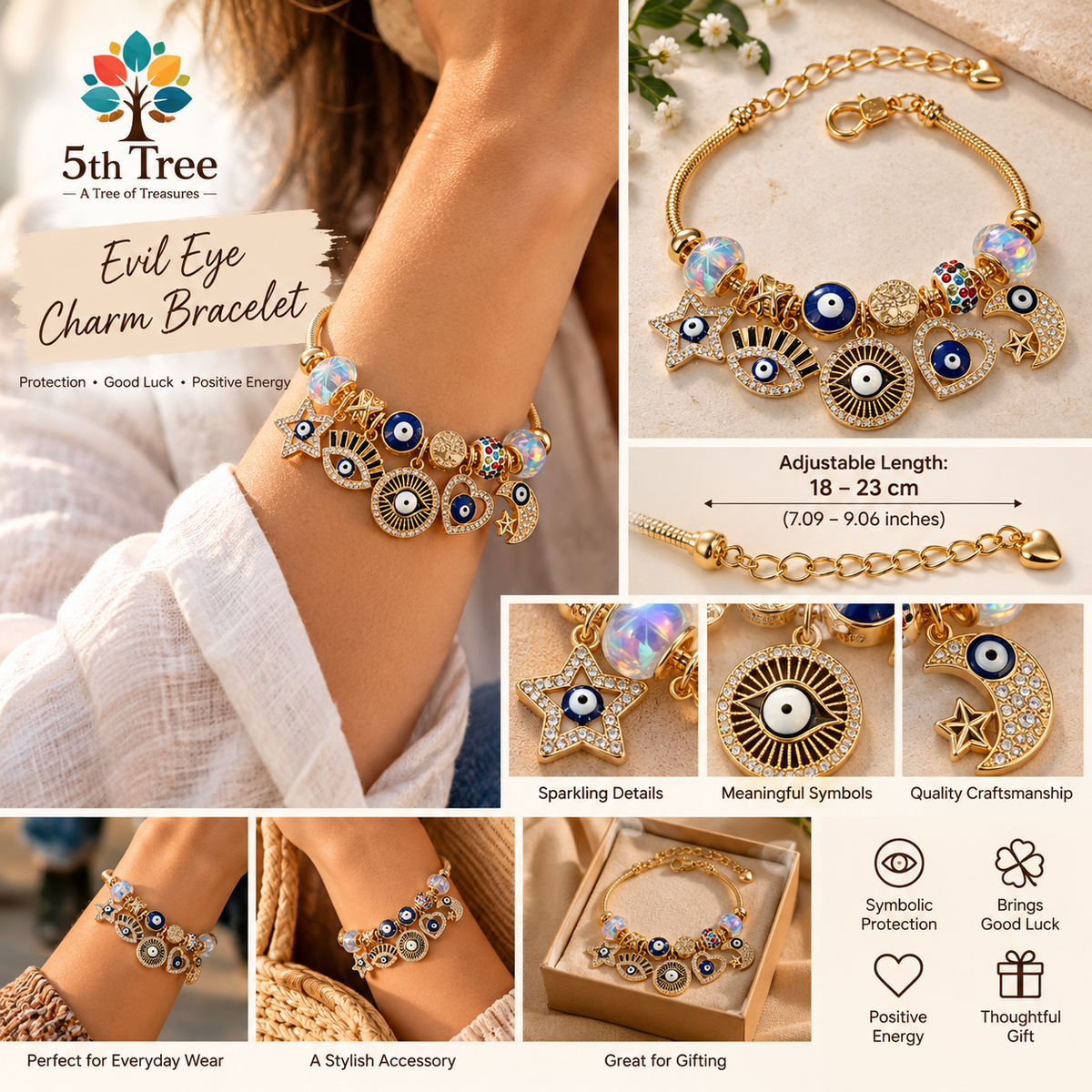 Gold Tone Evil Eye 5-Charm Bracelet – Adjustable Nazar Bracelet