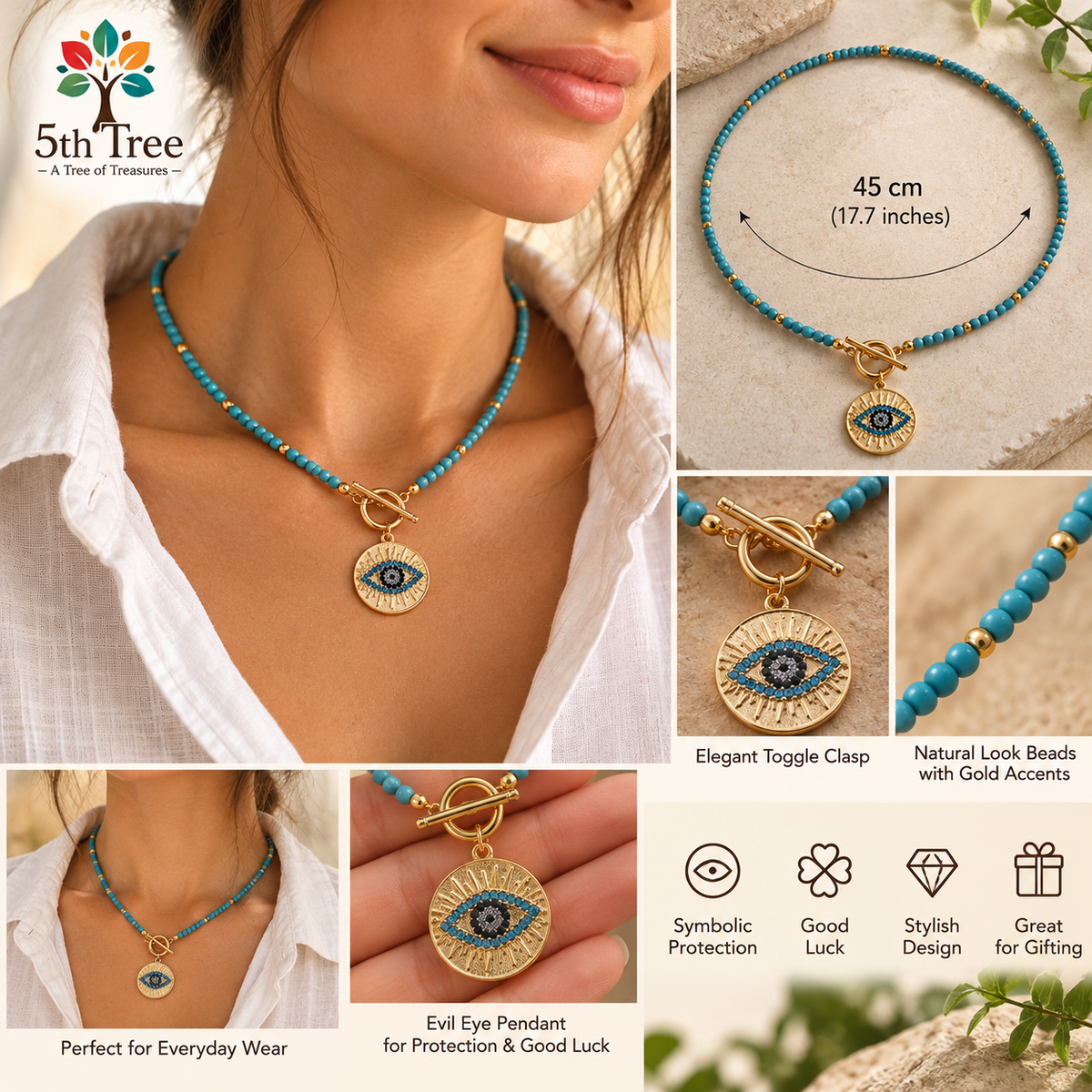 Turquoise Beaded Evil Eye Necklace – Gold Tone Nazar Pendant, 17.7"